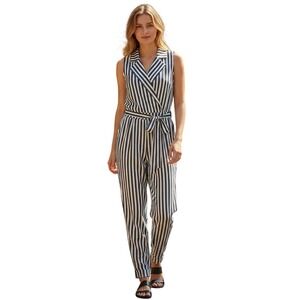 Jumpsuit Striped Sleeveless Black White Belted Who What Wear Womens XS slim fit